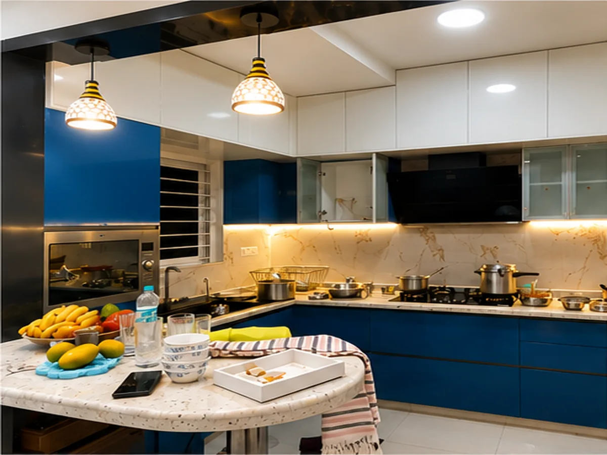 Kitchen with a marble island and patterned pendant lighting