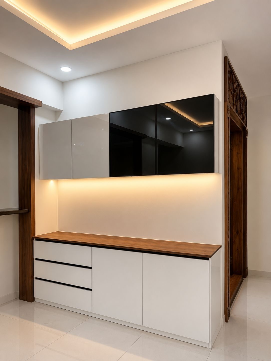 Entry console with pendant lighting, detail view